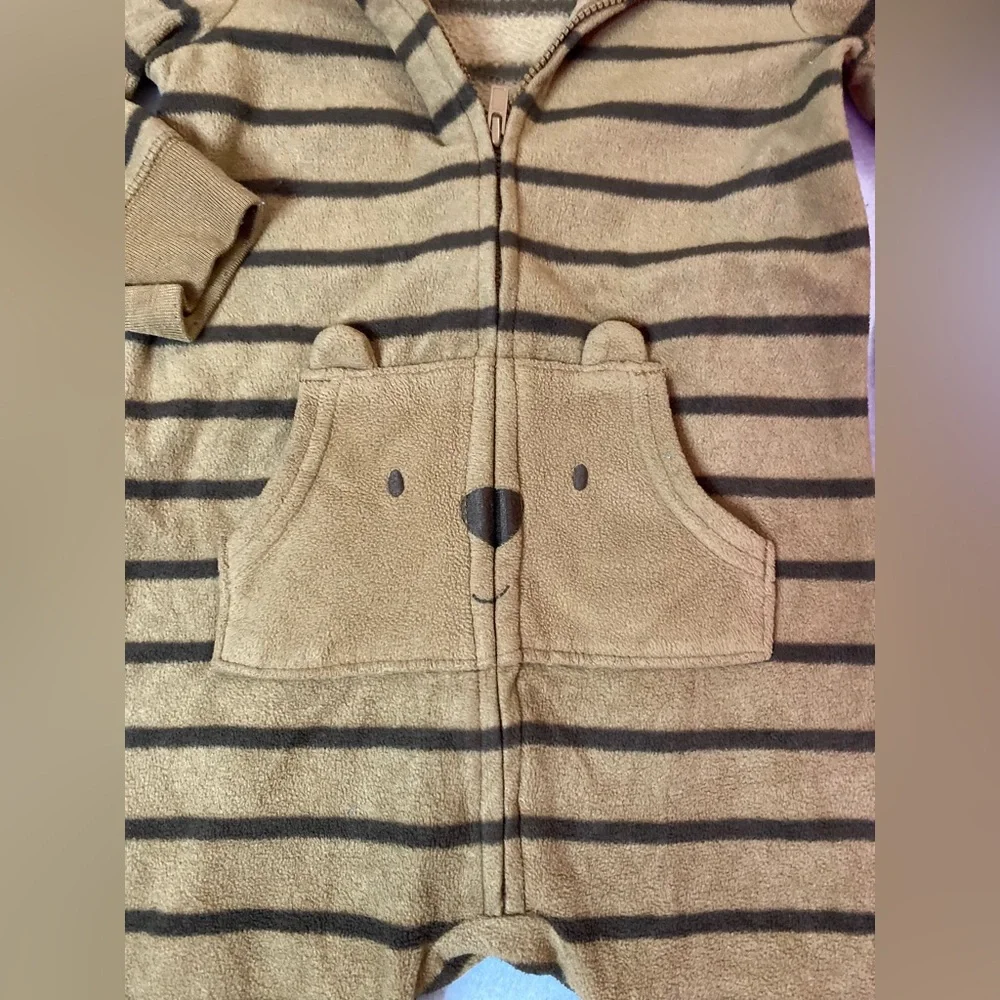 Carter's Brown Striped one piece Pajama Hood front pocket full Zipper Size 18m